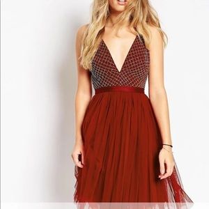Red embellished needle & thread dress